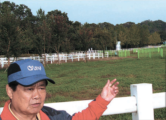 イ・ウンマン前高陽文化院長が、韓国馬事会が種馬場として使用している「西三陵」の陵域を見て残念そうにしている。
