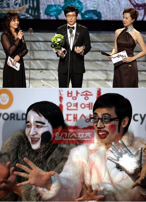 ＭＢＣ放送芸能大賞で２年連続大賞を獲得したユ・ジェソク（上段中央、下段右)。