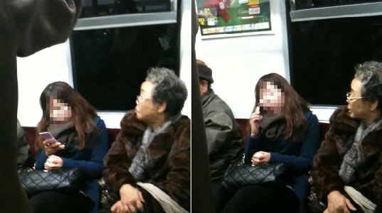 地下鉄でお年寄りを相手に暴言を吐く‘破倫女’の映像がネット上で広まっている。