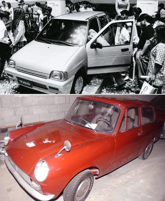 新進自動車が１９６７年に生産した「パブリカ」（上）と９１年、大宇自動車が発売した国内初の軽自動車「ティコ」。