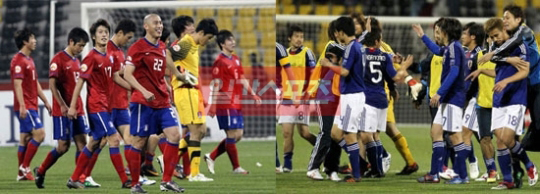 ２５日午後１０時２５分（日本時間）に激突する韓国代表チーム（左）と日本代表チーム。