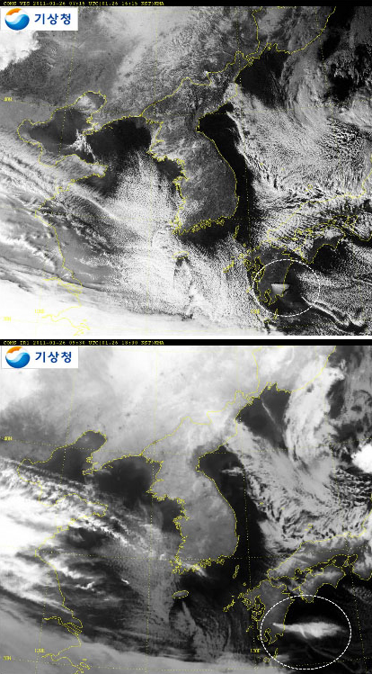 ２７日に公開された、国内初の気象衛星「千里眼（チョンリアン）」が日本の新燃岳の火山爆発を観測写真（写真＝気象庁）。