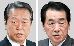 小沢一郎元民主党代表（左）と菅直人首相。