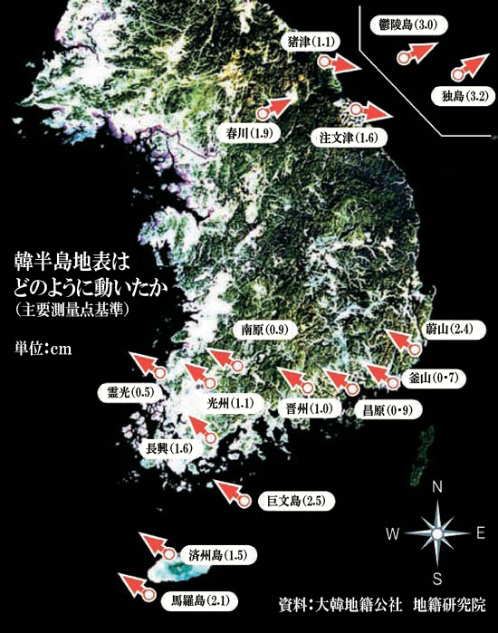 東日本大地震で地表が歪んだことが明らかになった韓半島。