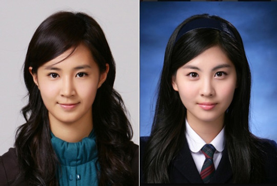 少女時代メンバーのユリ（左）とソヒョンの証明写真。