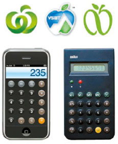 アップルが問題視したロゴ。 上の左からウールワース、ビクトリア技術経営学校、グリーンニューヨーク。 しかしアップルのアイフォーン計算機（左）は元祖格の独ブラウン製品とオレンジ色の「＝」ボタンまで似ている。