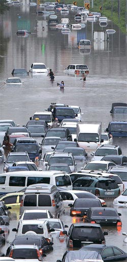 ２７日、ソウル京畿地域に降った集中豪雨により、オリンピック大路を往復していた車両１００台余りが浸水した。