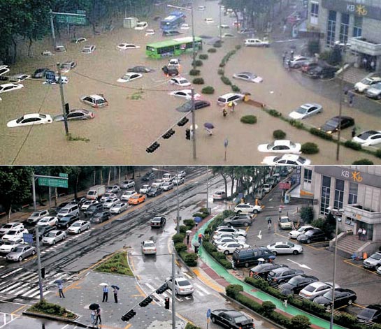 （写真上）記録的な暴雨となった２７日、ツイッターで伝えられたソウル江南区（カンナムグ）大峙（デチ）駅交差点。道路を通っていた車が浸水している。（写真下）夜通しの復旧作業で２８日午前には本来の風景が戻った。午後には普段と同じように車が通行している。上下ともキム・ユジン大学生写真記者（後援：Ｃａｎｏｎ）。