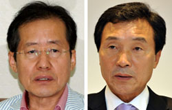 洪準杓（ホン・ジュンピョ）ハンナラ党代表（左）、孫鶴圭（ソン・ハッキュ）民主党代表（右）