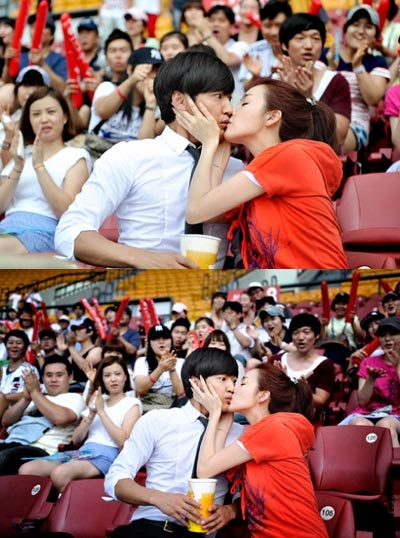 ６日、ＭＢＣ（文化放送）の新水木ドラマ「負けてたまるか」のキスシーンを撮影したユン・サンヒョン（左）とチェ・ジウ。