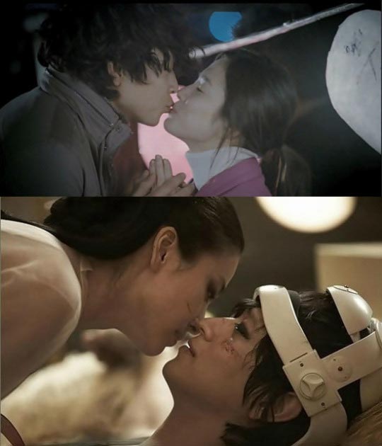 オムニバス映画「Ｃａｍｅｌｌｉａ－ＬＯＶＥ　ＦＯＲ　ＳＡＬＥ」のワンシーンで、キスを交わすカン・ドンウォン（上段左）とソン・へギョ（上段右、写真＝ポータルサイト掲示板）。