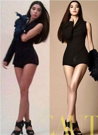 女優キム・ギュリの補正ビフォー（左）と補正アフターの比較写真（写真＝芸能掲示板）。