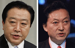 野田佳彦首相（左）と鳩山由紀夫元首相。