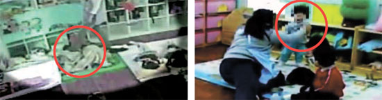 ソウル・城東区のある区立保育所で保育士が横になった子どもを踏んでいる場面。右は別の保育所でも保育士が子どもの顔を手で叩く姿（写真＝テレビ画面キャプチャー）。