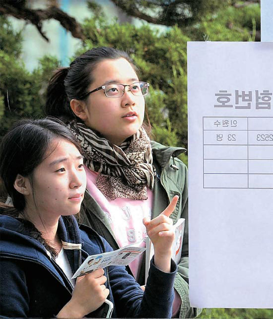 ソウル・安国洞（アングクドン）の豊文（プンムン）女子高校で受験生らが試験場所を確認している。