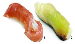１．トロの寿司。トロは脂肪が豊富で人気が高い。２．口に入れれば溶けるほどやわらかく、特有の酸味があり青魚のひとつのブリの寿司。ブリは鮮度が特に重要で刺身と寿司で高級材料とされる。