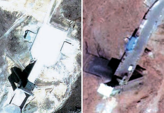 北朝鮮鉄山郡（チョルサングン）西海（ソヘ）衛星発射場内のロケット（ミサイル）エンジン試験台（左）が、イラン・テヘラン東部シャヒド・ヘマト（Ｓｈａｈｉｄ　Ｈｅｍｍａｔ）発射場内のエンジン試験台（右）と似ていることが分かった。これは、両国ミサイル技術協力が初期の北朝鮮→イラン一辺倒から、双方向に進んでいることを示している（写真＝グーグルアースキャプチャー）。