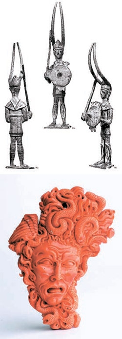 紀元前６－９世紀に制作されたサルデーニャの彫刻像（写真上）と地中海の赤珊瑚彫刻品。麗水（ヨス）世界博覧会のイタリア館で展示される予定。