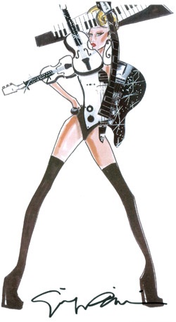 米ポップ歌手レディー・ガガが２７日の公演で着る衣装のうちの１着。ギター、ピアノの鍵盤装飾を体と頭にあしらっている（写真＝新世界インターナショナル提供）。