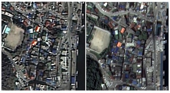 鬱陵島苧洞港を解像度１メートルの「アリラン２号」衛星で撮影した左側と解像度０．７メートルの「アリラン３号」衛星が撮影した右側の比較／航空宇宙研究院提供）。