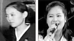昨年１２月２１日、金正日国防委員長の葬儀の画面で公開された女性（左側）。当時、金正恩の後ろに立って参拝客をむかえて妹キム・ヨジョンという見方が出てきた。右側の写真は今年３月、北朝鮮銀河水管弦楽団公演に登場して自身のヒット曲「駿馬娘」を歌った歌手、ヒョン・ソンウォル。