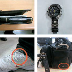 隠しカメラが設置されたボールペン・時計・バッグ・運動靴（左上から時計方向、写真＝ソウル警察庁）。