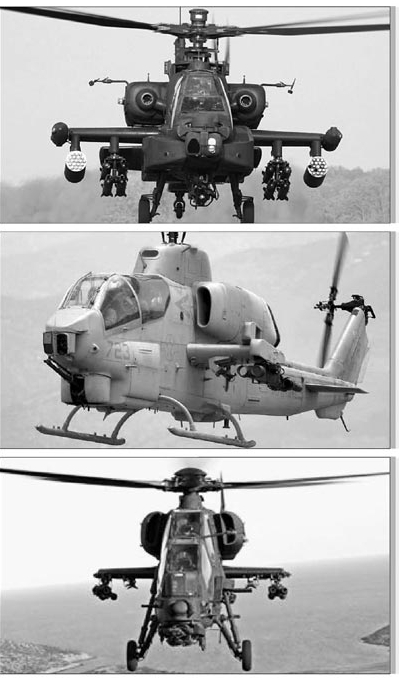 韓国陸軍の攻撃用ヘリコプター導入候補に挙がっている３機種。上からボーイングのアパッチ・ロングボウ（ＡＨ－６４Ｄ）、ベルのスーパーコブラ（ＡＨ－１Ｚ）、トルコＴＡＩのＴ－１２９。