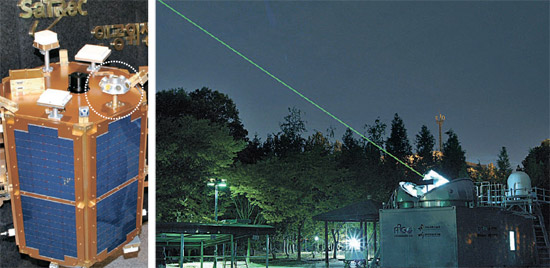 「羅老」に搭載される科学衛星には直径２０センチの半球型レーザー反射鏡（左側写真の点線）が設置されている。２６日、「羅老」が打ち上げられれば、大田（テジョン）の韓国天文研究院の宇宙物体追跡事業団がレーザーを放ち、反射鏡に当たって跳ね返ってくる時間を測定し、衛星の位置と軌道をミリ単位まで確認できる。右側は８日に宇宙物体追跡事業団が衛星追跡用レーザーを夜間に試験発射している（写真＝韓国天뚕研究院）。