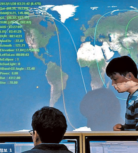 「羅老」に搭載されて打ち上げられる「羅老科学衛星」との交信リハーサルが２７日、大田（テジョン）韓国科学技術院（ＫＡＩＳＴ）人工衛星研究センターで実施された。羅老科学衛星はスクリーンに見える世界地図上の動線に沿って一日に地球を１４周する。発射から約１２時間後に最初の交信が行われれば、打ち上げ成功が公式宣言される。