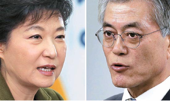 朴槿恵（パク・クネ）セヌリ党候補（左）と文在寅（ムン・ジェイン）民主統合党候補。