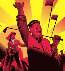 「北朝鮮がゴルフに扉を開いた」と題した広報映像に登場するポスター。金正恩第１書記の姿が描かれている。［写真＝米ゴルフドットコムのキャプチャー］