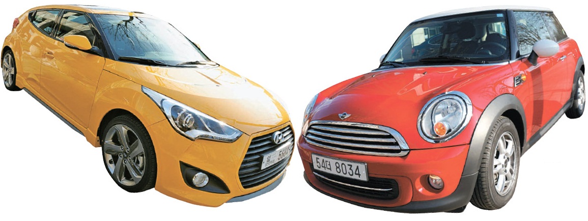 現代（ヒョンデ）自動車「ベロスター」（左）とＢＭＷ小型車ブランド「ＭＩＮＩ」。