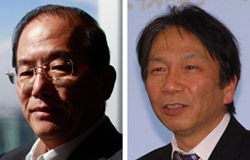 武藤敏郎大和経済研究所所長（左）と岩田一政日本経済研究所長。