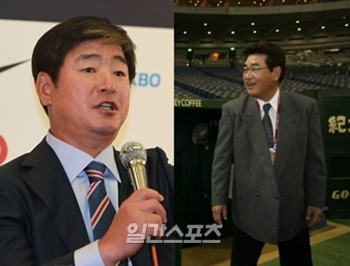 韓国代表の柳仲逸監督（左）、日本代表の山本浩二監督。