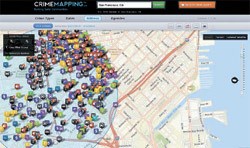 米サンフランシスコの「犯罪地図」サイト画面。犯罪類型別に色分けして表示している。