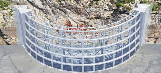 盤亀台（パンクデ）岩刻画保護のための“キネティック・ダム（Ｋｉｎｅｔｉｃ Ｄａｍ）”の鳥かん図。ポリカーボネートと鉄骨を利用してつくった構造物で壁画（赤色）をとり囲む。（写真＝韓国文化財庁）