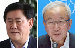 韓国与党セヌリ党の崔ギョン煥（チェ・ギョンファン）院内代表（左）と玄オ錫（ヒョン・オソク）経済副首相。