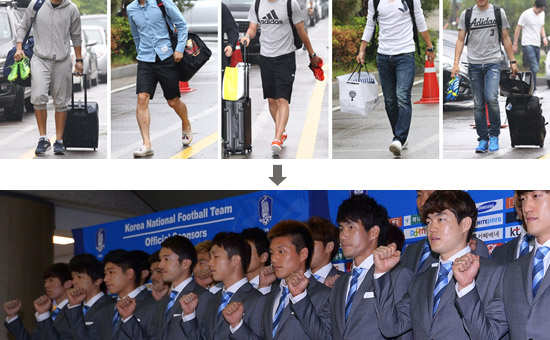 洪明甫（ホン・ミョンボ）監督がサッカー韓国代表チームの雰囲気を引き締める。今後、坡州（パジュ）代表チームトレーニングセンターに招集される際、ジーンズ・半ズボン・Ｔシャツなどは禁止される。６月にレバノンに出国した当時（下）のようにスーツを着用しなければならない。