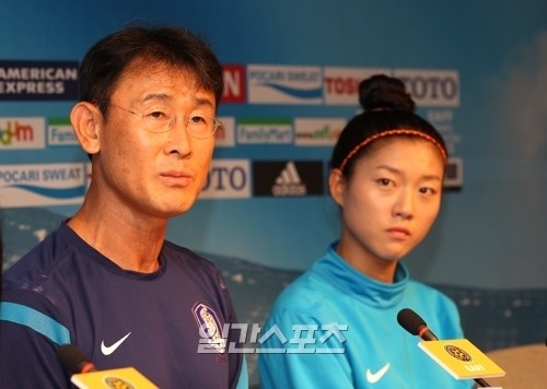 東アジア杯のサッカー韓国女子代表のユン・ドクヨ監督（５２、左）。