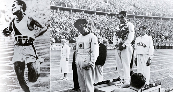 左）孫基禎がベルリン五輪でゴールしている。（右）ベルリン五輪マラソンの表彰式。右からハーパー、孫基禎、南昇竜。