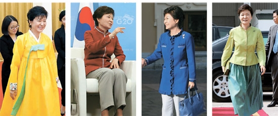 中国訪問時（左）、ロシア訪問時（左から２番目と３番目）、ベトナム訪問時（右）の朴槿恵大統領のファッション。