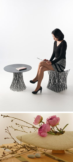 炭素繊維で強く軽くした家具（ノ・イルフン氏）、韓紙で作った花瓶（キム・ビン氏）。（写真＝韓国デザイン振興院）