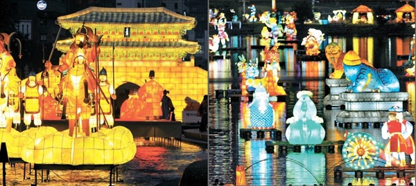 「ソウル清渓川（チョンゲチョン）灯ろう祭り」（写真左）、「晋州南江（ナムガン）流灯祭り」