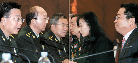「韓中国防戦略対話」が開かれた２８日、国防部で中国側代表の王冠中人民解放軍副総参謀長が発言していた。右側は韓国側代表の白承周（ペク・スンジュ）国防次官ら。「離於島（イオド）を防空識別圏に含めた中国が、これを修正しなければならない」という韓国の要求に王副総参謀長は「修正する意向がない」と話した。