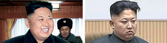 金正恩第１書記が１４日に馬息嶺スキー場を訪れ明るく笑っている（左）。右は１７日の金正日２周忌追悼大会で無表情な金正恩。