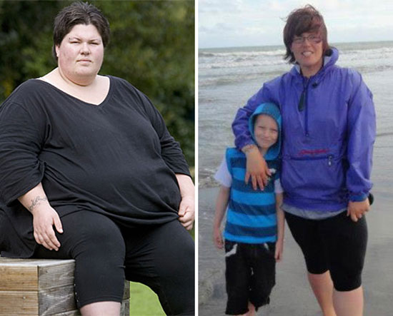 超高度肥満患者だったニュージーランド人女性ジャスミン・シャシャさんは２０１１年、韓国で胃切除手術を受けた後、新しい生活を送っている。手術前（左）２２５キロだた体重は８０キロまで減り、妊娠にも成功した。２００５年に養子縁組した息子クルーズ君（９）と一緒に（写真右）。（写真提供＝ジャスミン・シャシャさん）