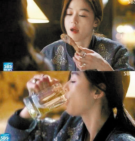 中国でチメク（チキン＋ビール）の熱風を起こしたドラマ『星から来たあなた』の主演女優チョン・ジヒョン。（写真＝ＳＢＳキャプチャー）