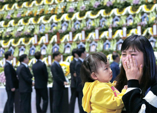 ２３日、安山オリンピック室内体育館に用意された臨時合同焼香所で悲しみに沈む弔問客。