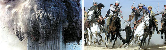 ニューヨークタイムズのカメラマン、イ・ジャンウク氏が撮影し、ピューリッツァ賞を受賞したニューヨーク世界貿易センター崩壊の瞬間（写真左）と戦乱中のアフガニスタンの騎馬競技ブズカシの場面。
