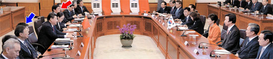 ３日、青瓦台（チョンワデ、大統領府）で韓中の拡大首脳会談が開かれた。左側に座った中国代表団は習近平・中国国家主席（左から５人目）を中心に、右側に王滬寧・中央政策研究室主任（青い矢印）、楊潔チ外交担当国務委員と劉鶴・中央財経指導小組弁公室主任が、習主席の左側には通訳と栗戦書・中央公務処理庁主任（赤い矢印）、王毅外相が同席した。